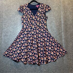 Betsey Johnson Dress Navy Pink Floral Skater Boho Grunge V Neck Cap Sleeve